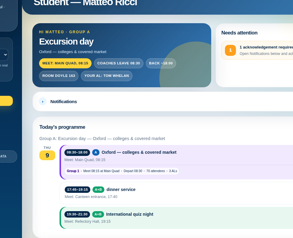 LCOS student today view showing a personalised schedule and excursion information